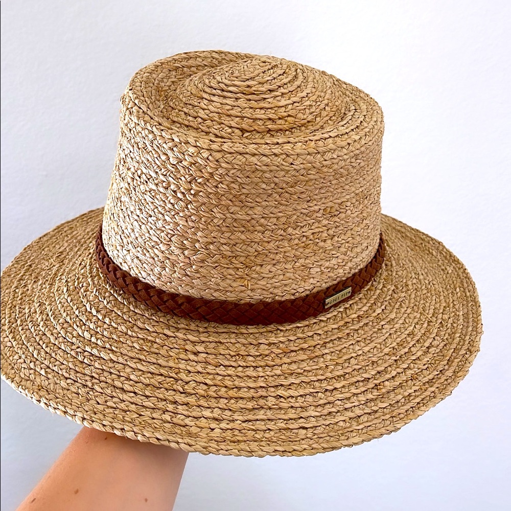 GIGI PIP — straw hat — tan/brown with leather braided band — no signs of wear ✨